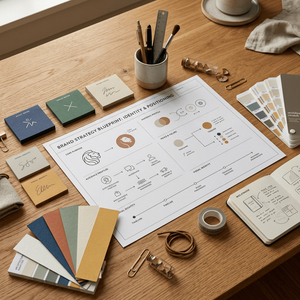 Brand strategy blueprint surrounded by color swatches, stationery, and design tools