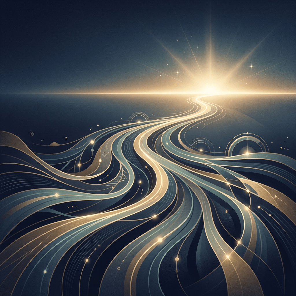 Abstract golden and teal pathways flowing toward a radiant horizon