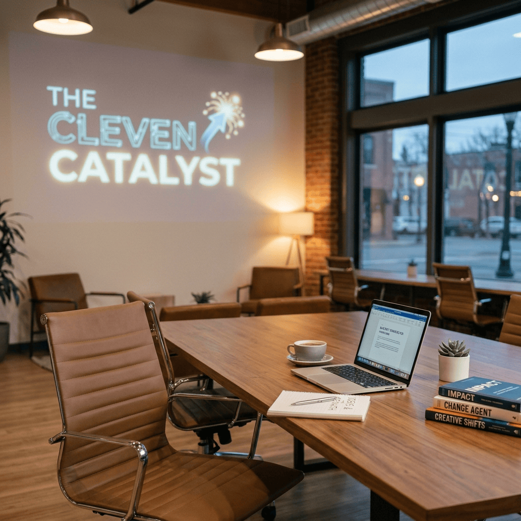 Woman writing beside a laptop beneath a projected “THE CLEVEN CATALYST” presentation